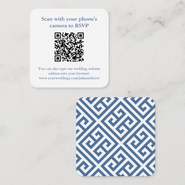 Chic Navy Blue And White Greek Key Wedding QR Code Enclosure Card (Front/Back)