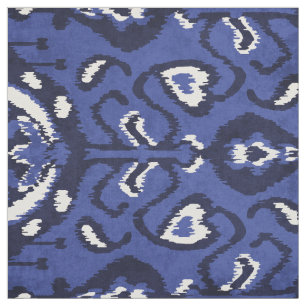 Chic navy blue and white ikat tribal patterns fabric