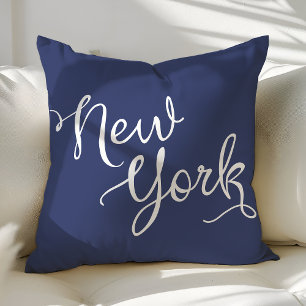 Chic Navy Blue and White New York Typography Cushion