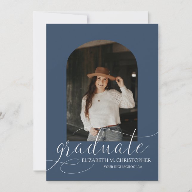 Chic Navy Blue Arch 5 Photo Collage Graduation Announcement (Front)