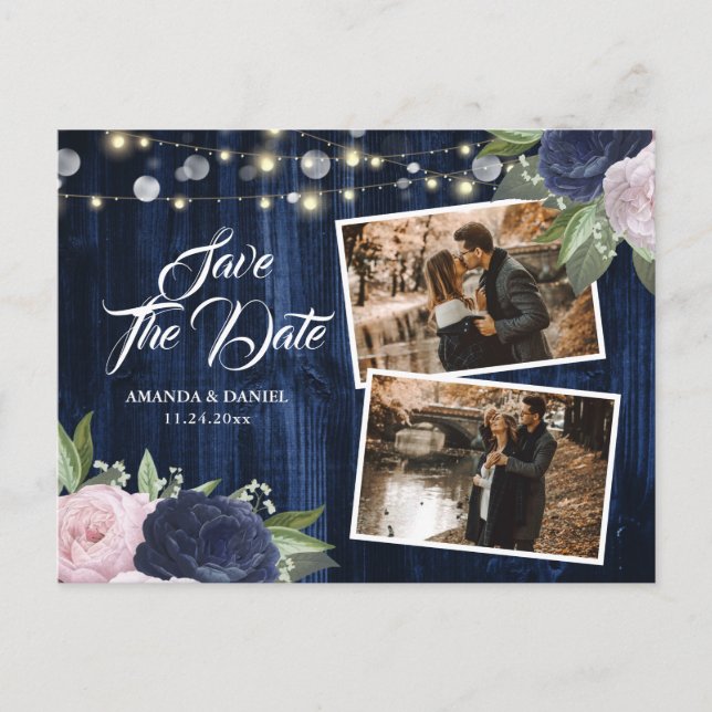 Chic Navy Blue Blush Floral Save The Date Photo Announcement Postcard (Front)