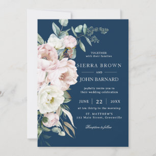 Chic Navy Blue Blush Ivory Peonies Floral Wedding Invitation