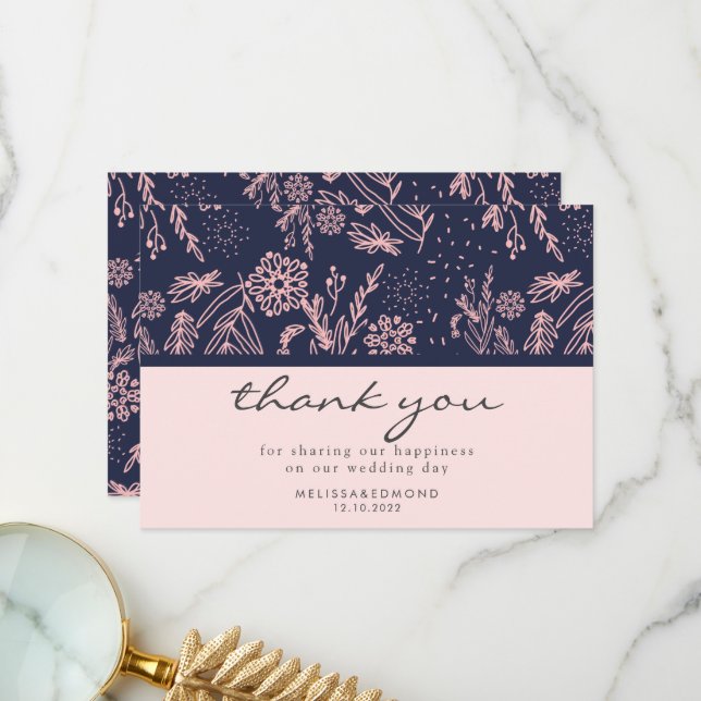 Chic Navy Blue Blush Pink Floral Pattern Wedding Thank You Card (Front/Back In Situ)