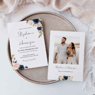 Chic Navy Blue & Blush Pink Floral Wedding Photo Invitation