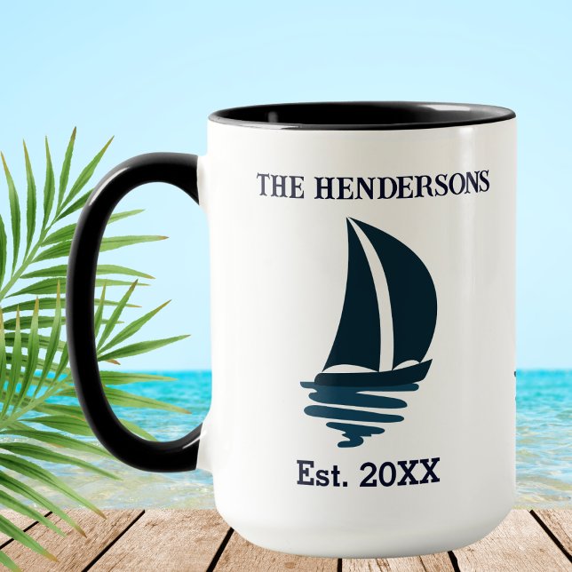 Chic Navy Blue Boat Family Name Yacht Mug (Creator Uploaded)
