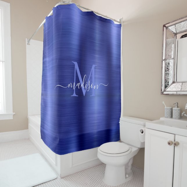 Chic Navy Blue Brushed Metal Monogram Girly Script Shower Curtain (In Situ)