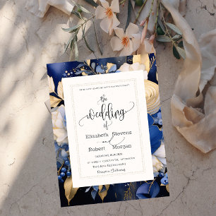 Chic Navy Blue Cream Flowers Wedding Invitation