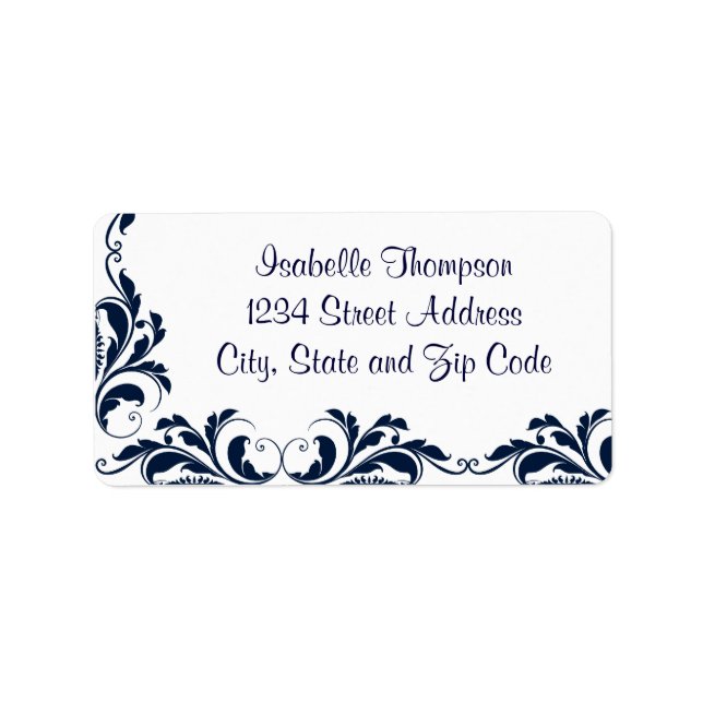 Chic Navy Blue Damask Flourish Border Label (Front)