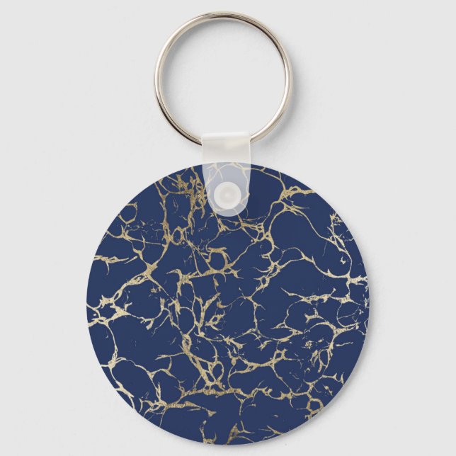 Chic navy blue faux gold foil marble pattern key ring (Front)