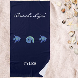 Chic Navy Blue Fish and Shell Name Beach Towel