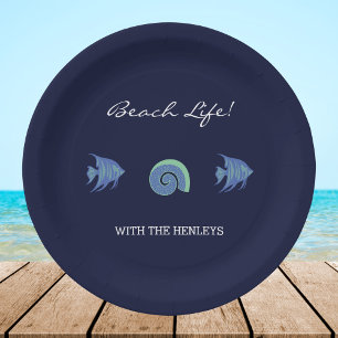Chic Navy Blue  Fish Shell Family Name Beach House Paper Plate