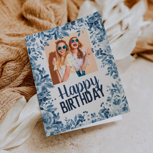 Chic navy blue floral happy birthday card