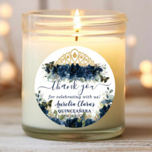 Chic Navy Blue Floral Roses Butterflies Favour Classic Round Sticker