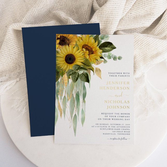 Chic Navy Blue Floral Sunflower Wedding Gold  (Chic Navy Blue Floral Sunflower Wedding Gold Foil Invitation)