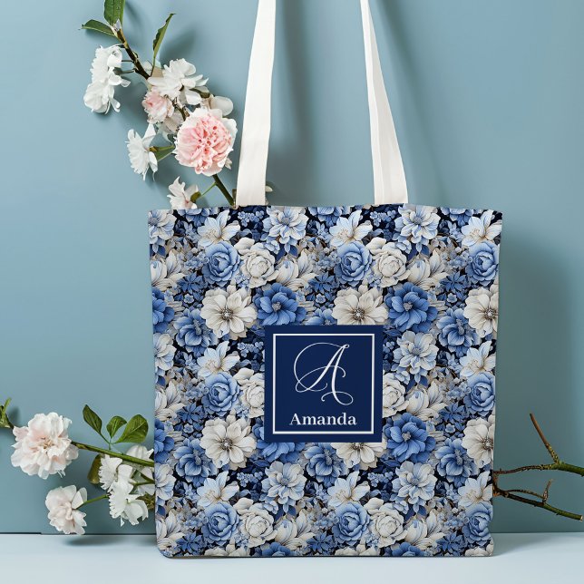 Chic Navy Blue Flowers Custom Name Tote Bag (Chic Navy Blue Flowers Custom Name Tote Bag)