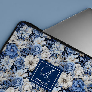 Chic Navy Blue Flowers Stylish Laptop Sleeve Case