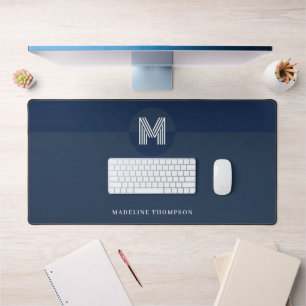 Chic Navy Blue Geometric Modern Monogram Desk Mat