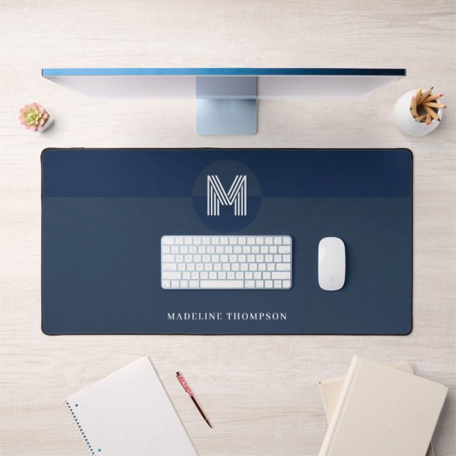 Chic Navy Blue Geometric Modern Monogram Desk Mat (Office 1)