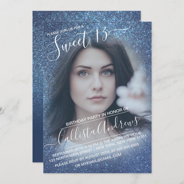 Chic Navy Blue Glitter Ombre Photo Sweet 13 Invitation (Front/Back)