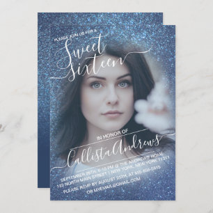 Chic Navy Blue Glitter Ombre Photo Sweet 16 Invitation