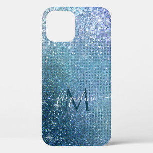 Chic Navy Blue Glitter Sparkle Girly Monogram Name iPhone 12 Case