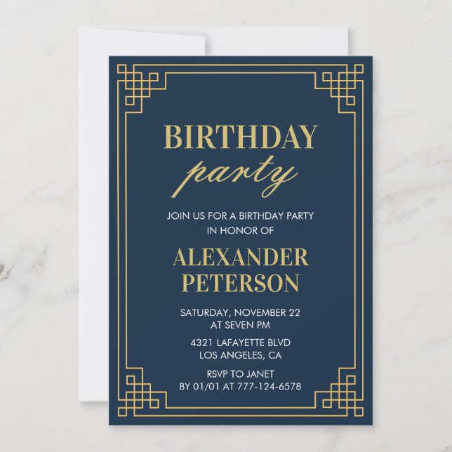 Chic Navy Blue Gold 52nd Birthday Party Invitation (Front)