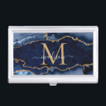 Chic Navy Blue Gold Agate Geode Feminine Monogram Business Card Holder<br><div class="desc">Modern Glam Navy Blue Gold Glitter Sparkle Agate Geode Gemstone Elegant Feminine Monogram Script Name Business Card Cases</div>