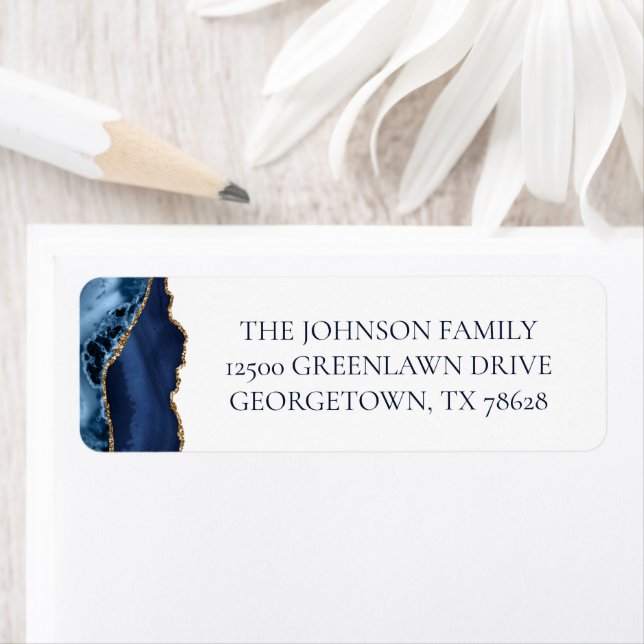 Chic Navy Blue Gold Agate Return Address Label (Insitu)
