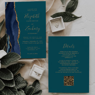 Chic Navy Blue Gold Agate Teal QR Code Wedding Invitation