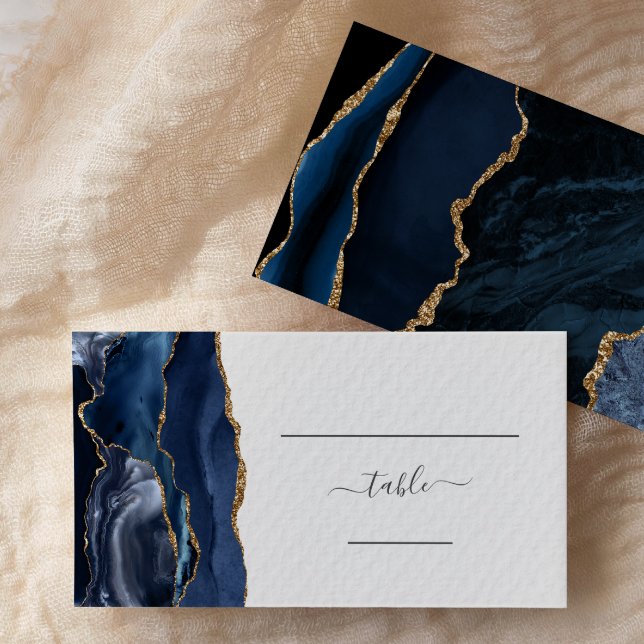 Chic Navy Blue Gold Agate Wedding Escort Place Card (Creator Uploaded)