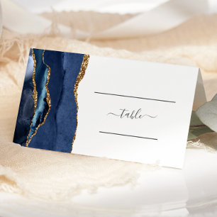 Chic Navy Blue Gold Agate Wedding Table Place Card