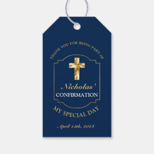 Chic Navy Blue Gold Boys Confirmation Thank You Gift Tags