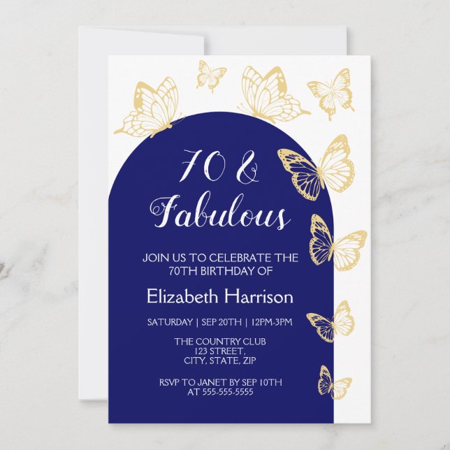 Chic Navy Blue Gold Butterflies Fabulous Birthday Invitation (Front)