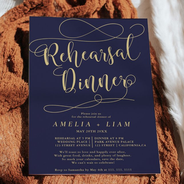 Chic navy blue gold calligraphy rehearsal dinner invitation (Creator Uploaded)
