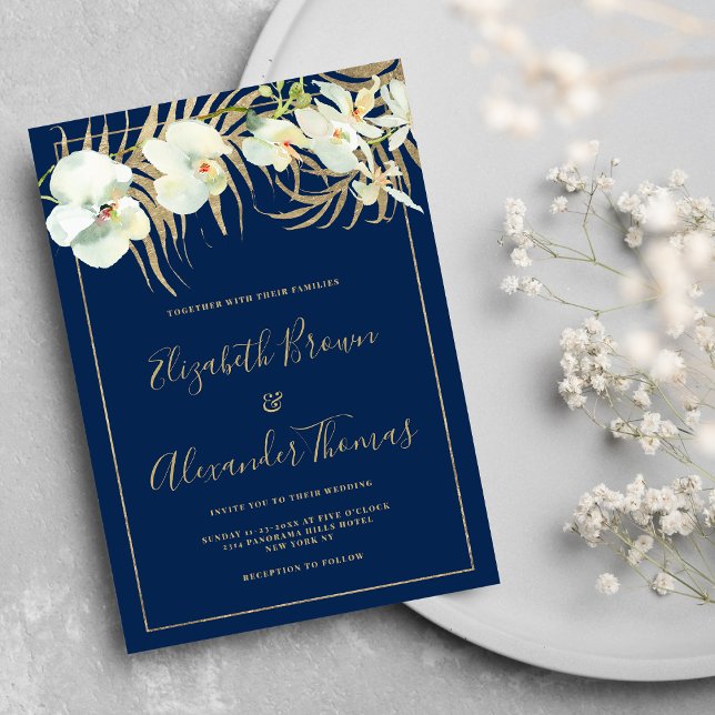 Chic navy blue gold elegant orchid floral wedding invitation (Chic navy blue gold elegant orchid floral wedding)