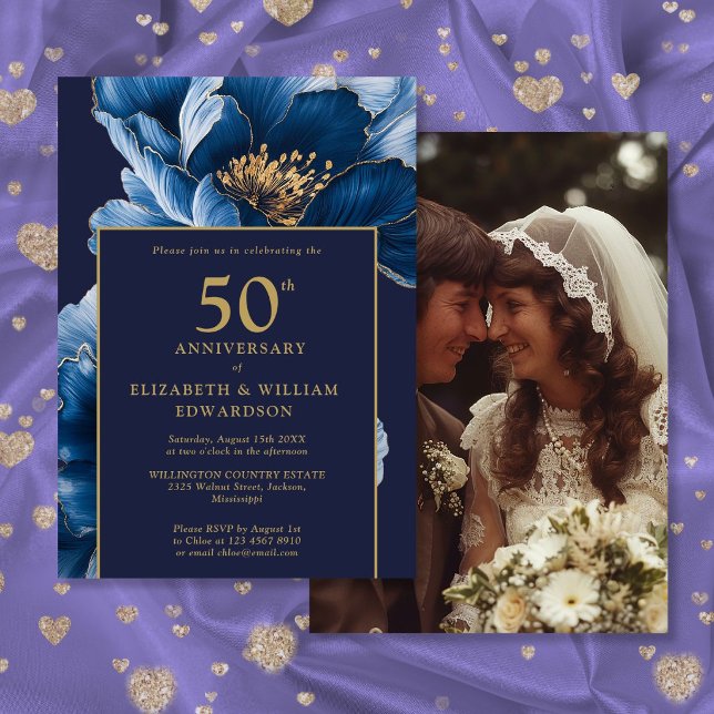 Chic Navy Blue Gold Floral 50th Anniversary Photo Invitation (Chic Navy Blue Gold Floral 50th Anniversary Photo Invitation)