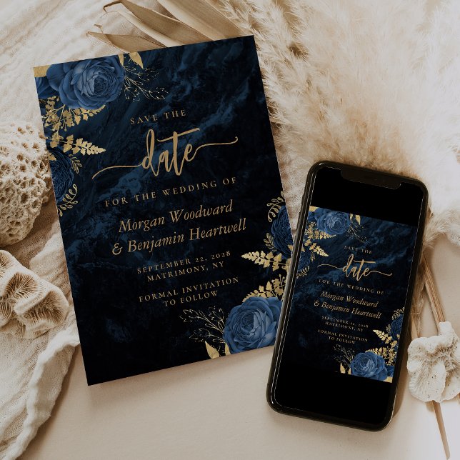 Chic Navy Blue Gold Floral Wedding Save the Date Invitation (Creator Uploaded)