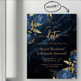 Chic Navy Blue Gold Floral Wedding Save the Date Magnetic Invitation