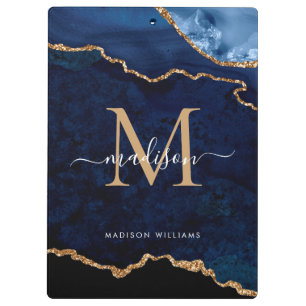 Chic Navy Blue Gold Glitter Agate Geode Monogram Clipboard
