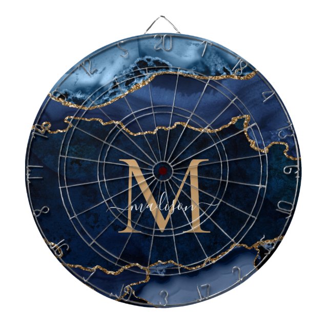 Chic Navy Blue Gold Glitter Agate Geode Monogram Dartboard (Front)