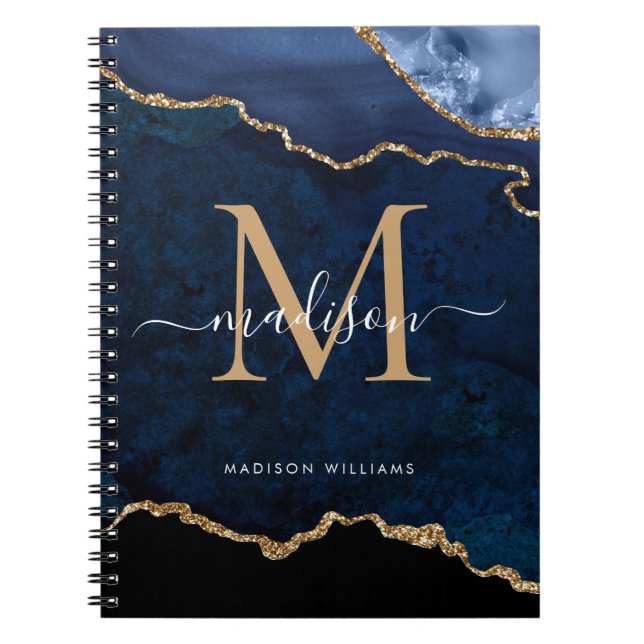 Chic Navy Blue Gold Glitter Agate Geode Monogram Notebook (Front)