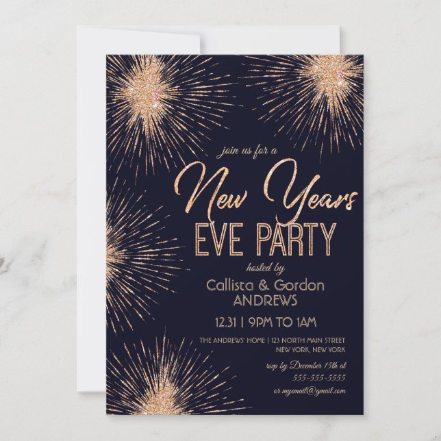 Chic Navy Blue Gold Glitter Sparkler New Years Eve Invitation (Front)
