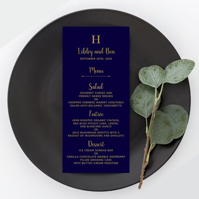 Chic Navy Blue & Gold Wedding Menu Template (Creator Uploaded)