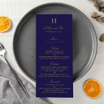 Chic Navy Blue & Gold Wedding Menu Template<br><div class="desc">Celebrate in style with these trendy menu cards. The wording is easy to personalise and your dinner guests will be thrilled when they receive these super stylish menus.</div>