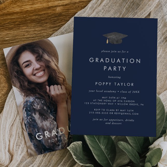 Chic Navy Blue Grad Cap Photo Graduation Party Invitation (Creator Uploaded)