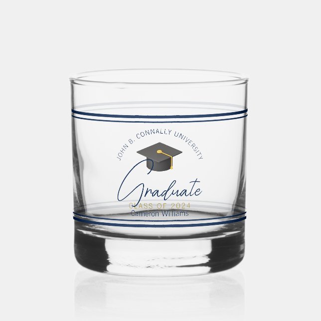 Chic Navy Blue Graduation Keepsake Gift Whiskey Glass (Front)