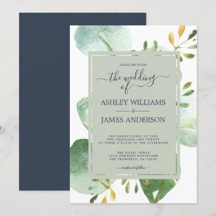 Chic Navy Blue Green Eucalyptus Botanical Wedding Invitation