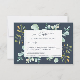 Chic Navy Blue Green Eucalyptus Botanical Wedding RSVP Card