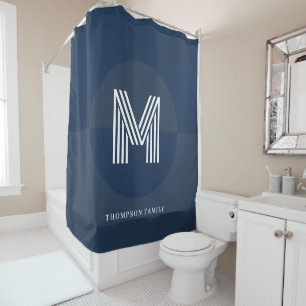 Chic Navy Blue Grey Geometric Modern Monogram Shower Curtain