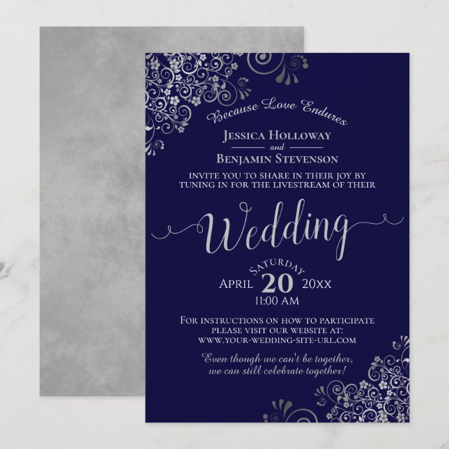 Chic Navy Blue & Grey Virtual Wedding Livestream Invitation (Front/Back)